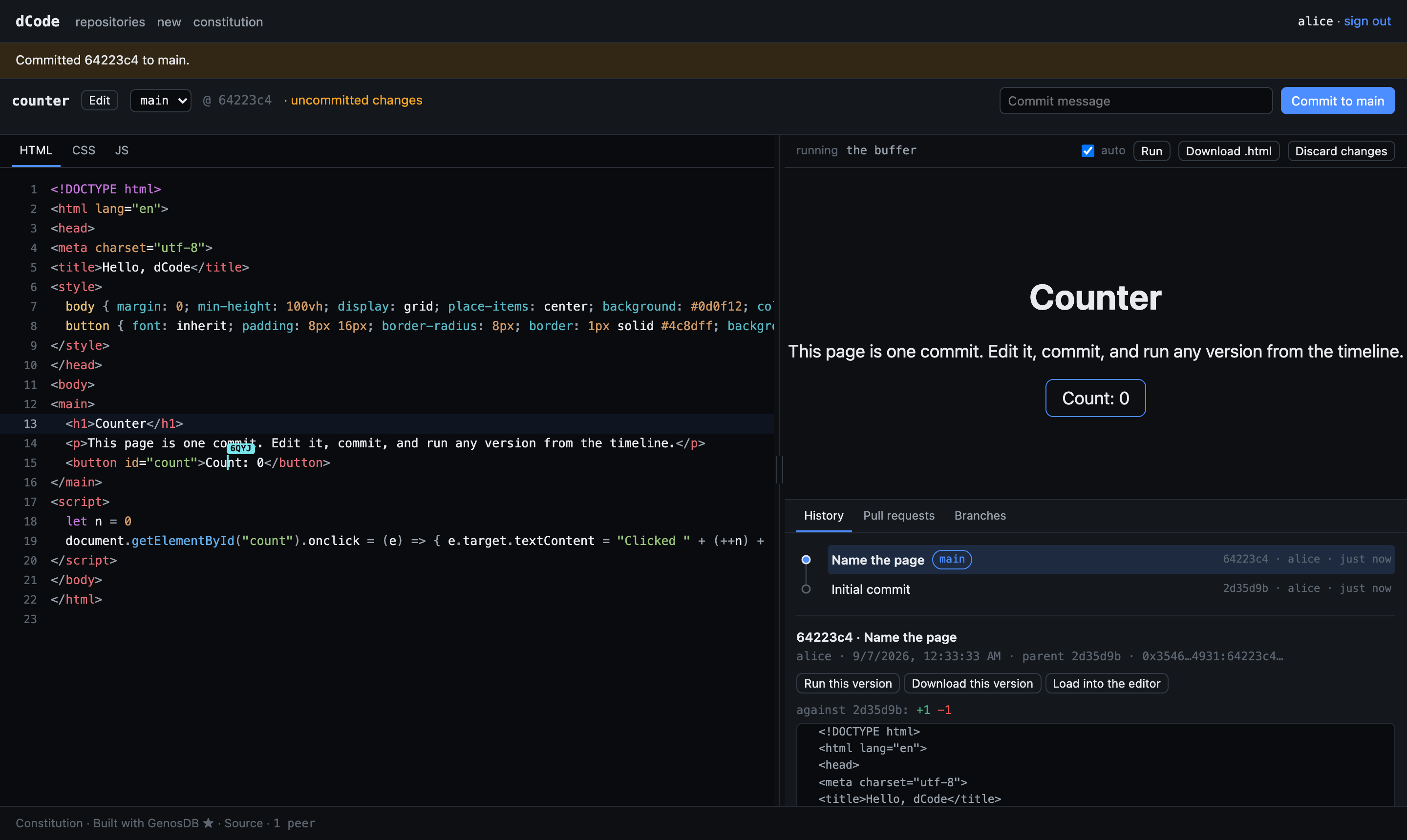dCode, a peer-to-peer collaborative code editor built on GenosDB
