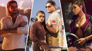 GTA 6 - Three images of GTA 6 characters cut and pasted together. From left to right: Raul, Lucina and Jason, Bae-Luxe