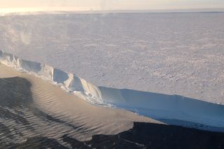 The front of the Ross Ice Shelf floats in the Ross Sea, Antarctica.