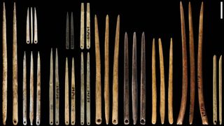 A photo of many ancient sewing needles