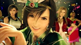 Final Fantasy 7 Rebirth trailer screenshot showing a young woman in a green ceremonial dress dancing, a determined look upon her face as she smirks while staring ahead