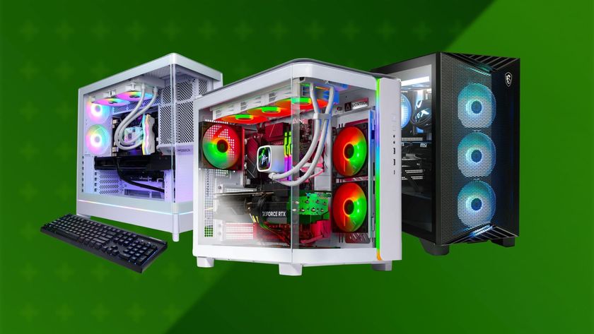 Three RTX 5070 gaming PCs on a green background