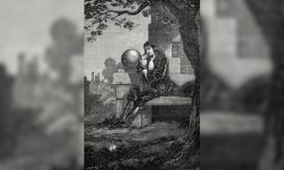 Photo of a wood engraving of Isaac Newton sitting underneath an apple tree. An apple is on the ground in front of him and several apples are on the tree above him.