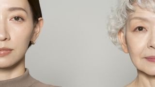 A young woman's face on the left juxtaposed with an older woman's face on the right