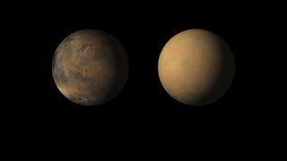 An image showing Mars at two different time points, before and after a dust storm.