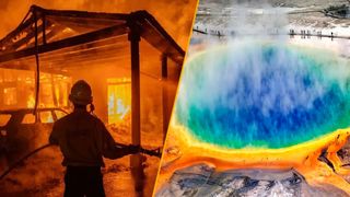 Split image of a firefighter amid the Palisades fires in Los Angeles and Yellowstone's caldera.