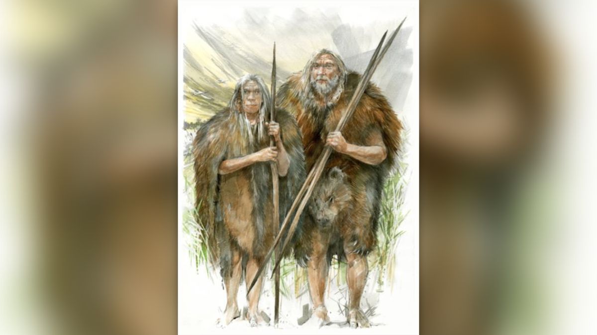 Illustration of Homo heidelbergensis pair wearing cave bear skins for protection from the cold.