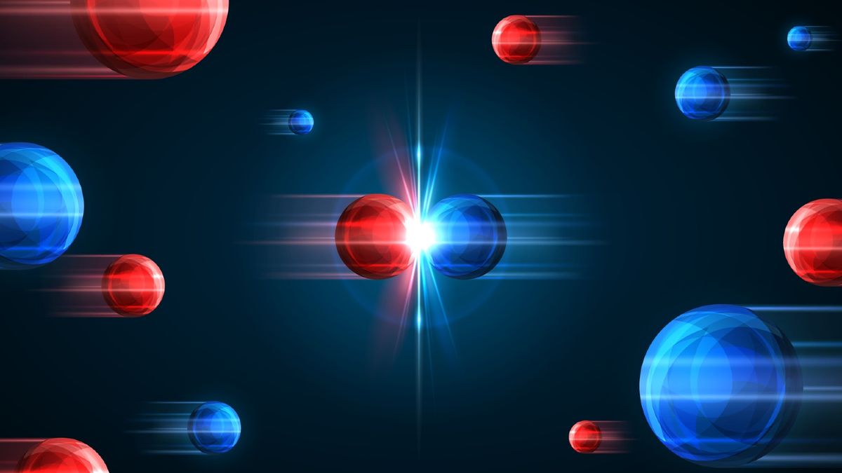 Red and blue particles colliding with each other 