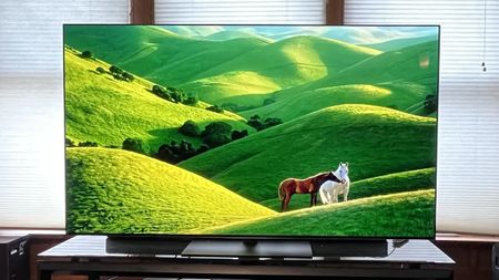 TV showing image of green landscape with horses