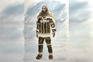 An illustration of an upper paleolithic man in fur clothing