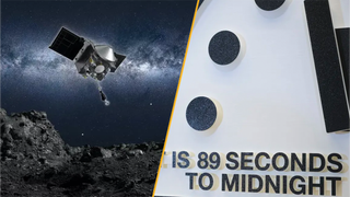 Split image of artist's impression of asteroid probe and the Doomsday Clock.