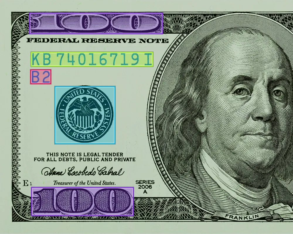 Image of $100 US bill with bounding boxes around information