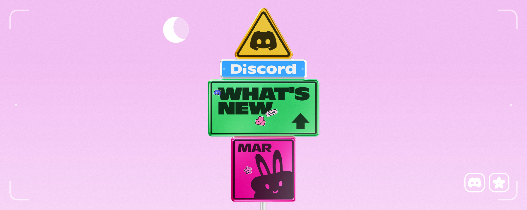 Stacked street signs reading "Discord," "What's New," and "March."