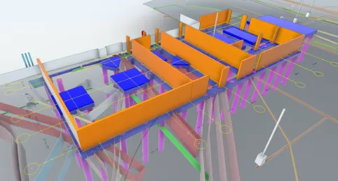 A 3D model of a building with orange and blue walls. | GPRS Images
