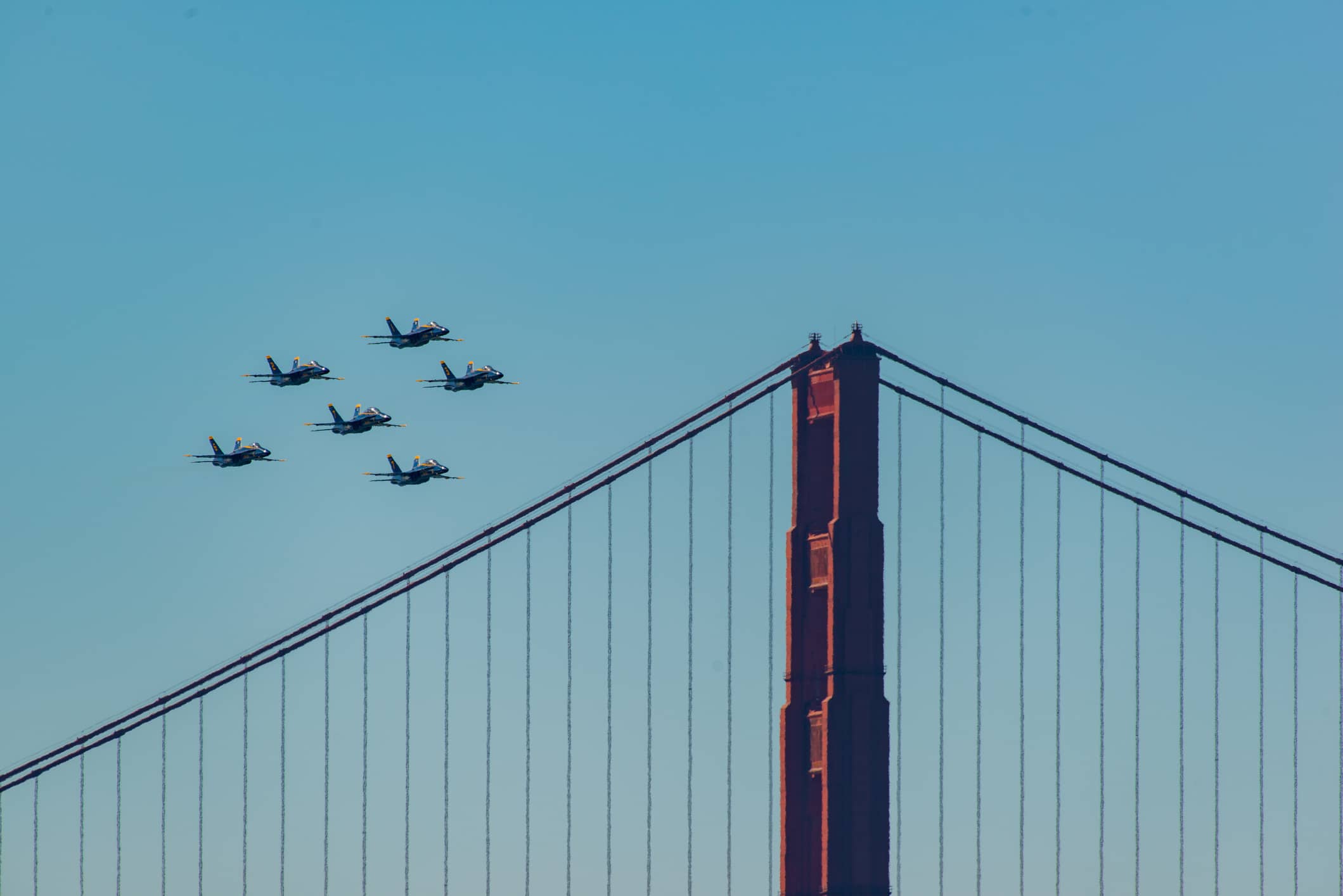 Blue angels flying over golden gate bridge