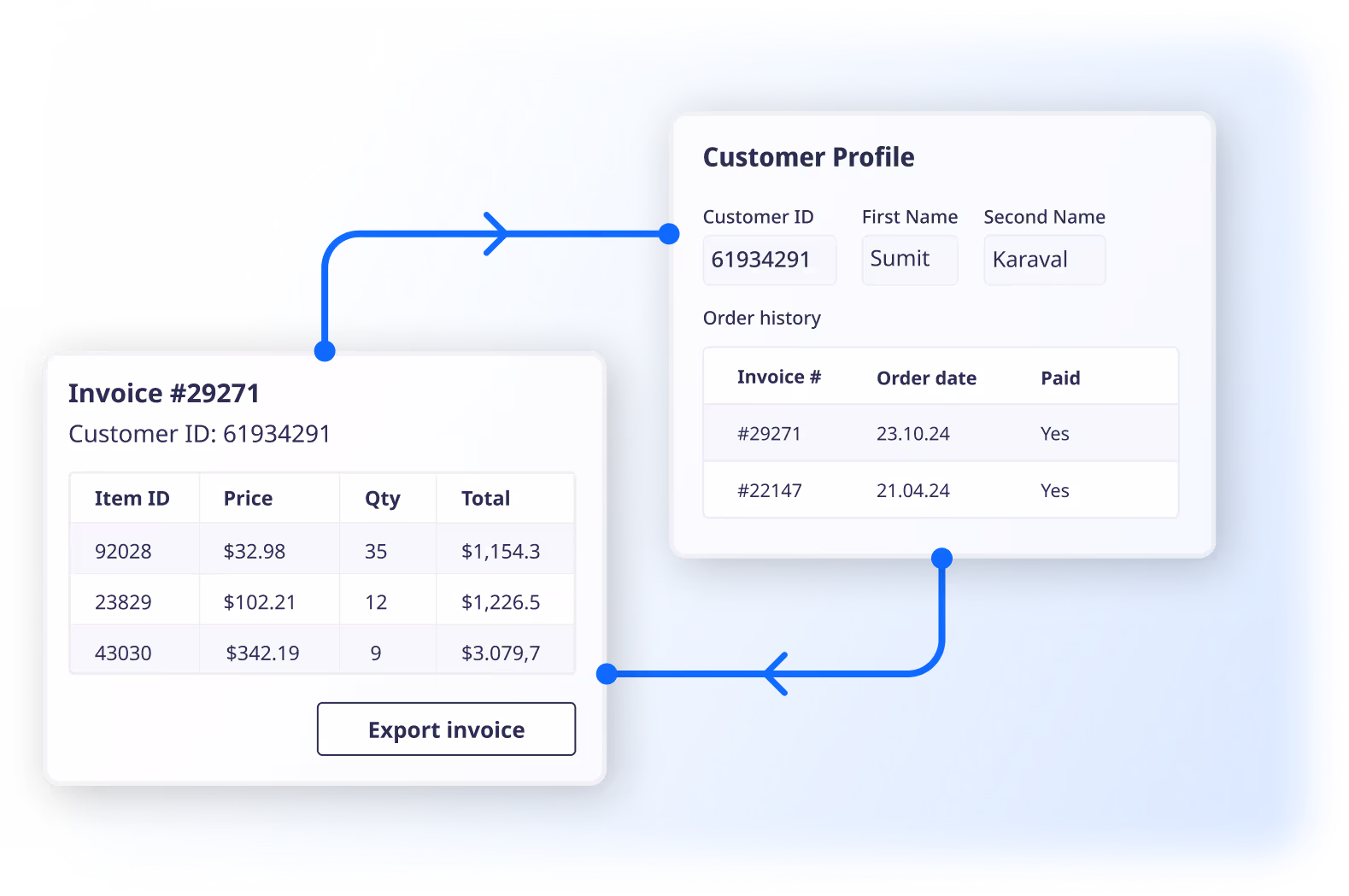 Stylised screenshot of two databases that are related to each other in Ninox