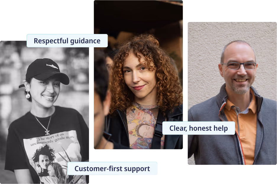 Three smiling people: a young woman wearing a baseball cap, a woman with curly hair and a man wearing glasses, with the texts 'Respectful Guidance, ''Customer-Oriented Support,' and 'Clear, Honest Help. '