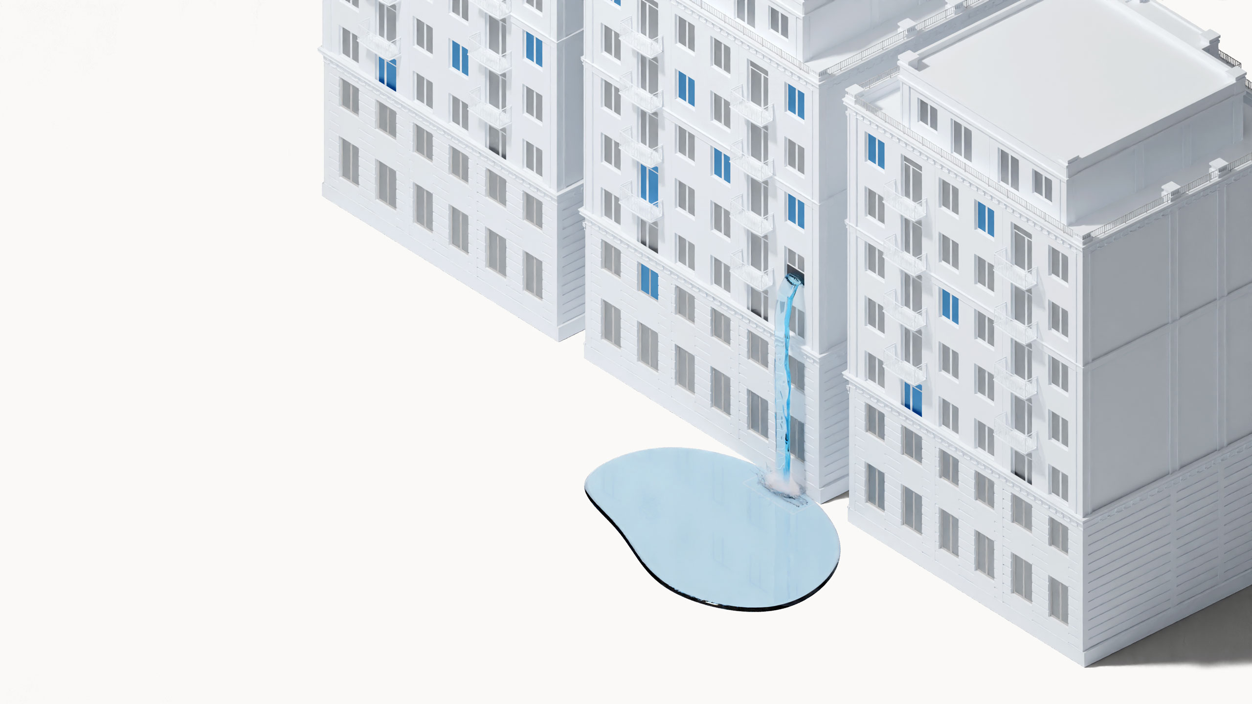 A row of white buildings on a plain white background set in an orthographic view, each about 8 stories tall. One of the buildings has an open window with a stream of water pouring out of it, pooling onto the ground in a large puddle.