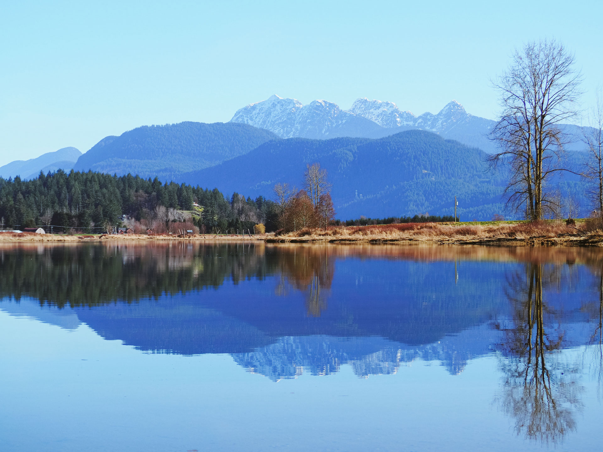 A photograph of a lake surrounded by forests and mountains on a clear, sunny day. The scenery is mirrored in the lake, which is still and peaceful.