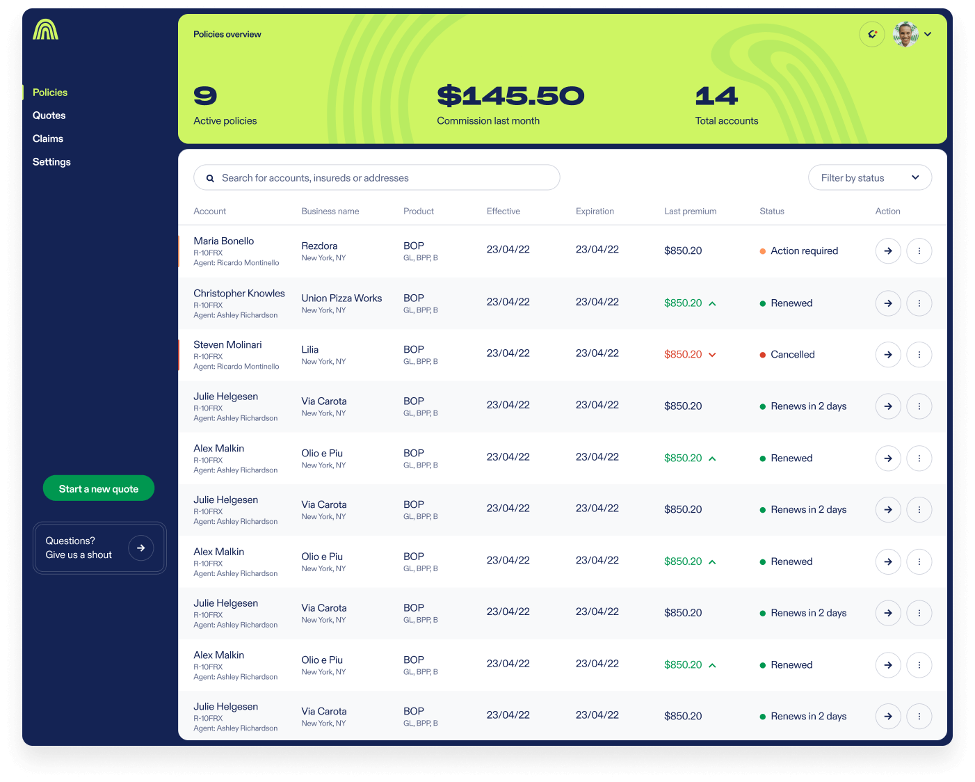 Screenshot of Rainbow Insurance app - manage policies quotes and claims online