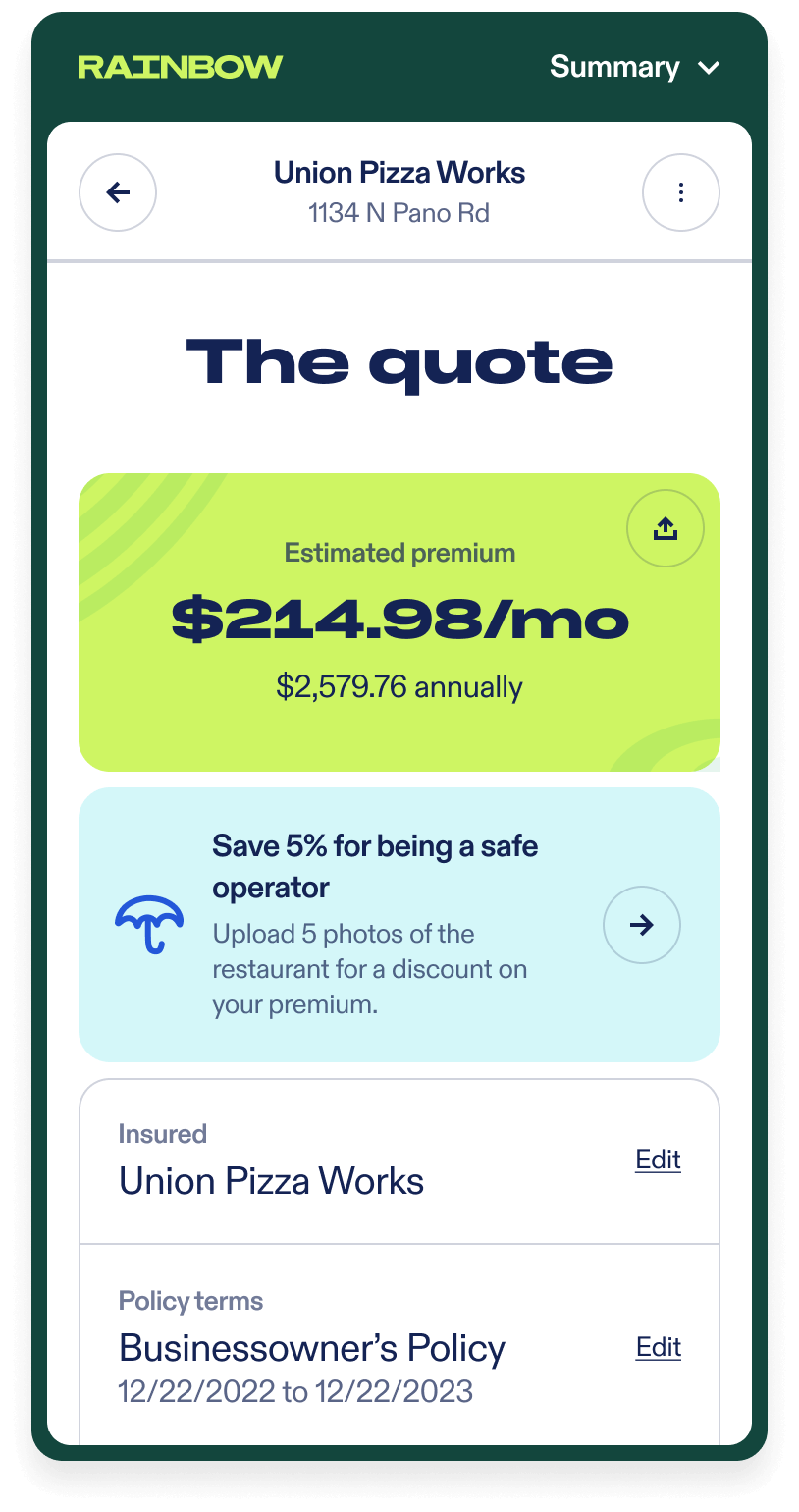 Screenshot of Rainbow Insurance app - Easily see your premiums when you start a quote