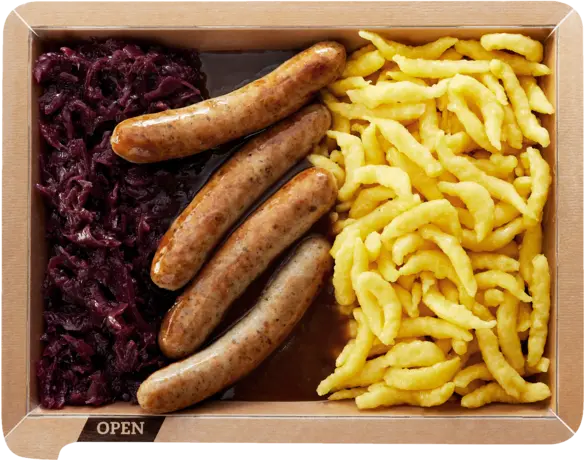 Roast sausages with spaetzle and red cabbage