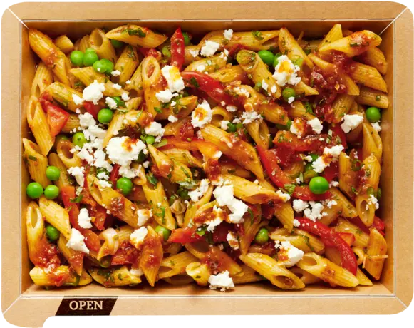 Penne salad with feta, peppers and peas