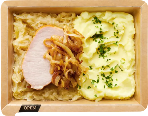 Smoked pork with hearty sauerkraut and mashed potatoes