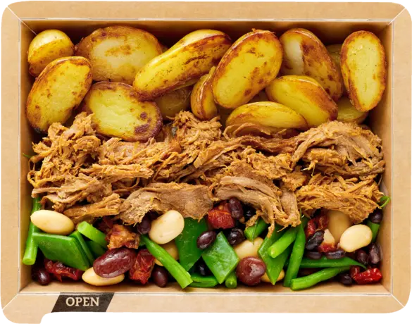 Pulled pork with potatoes and bean mix