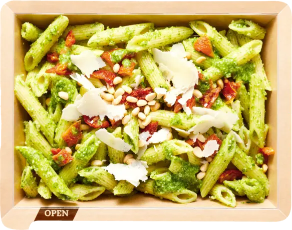 Penne with basil pesto and sun-dried tomatoes