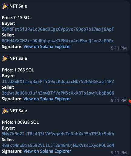 Final Telegram bot updating on NFT sales with Price, Buyer, Seller and Signature.