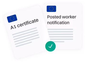 Two documents with European Union flags labeled A1 certificate and Posted worker notification, with a green checkmark below.
