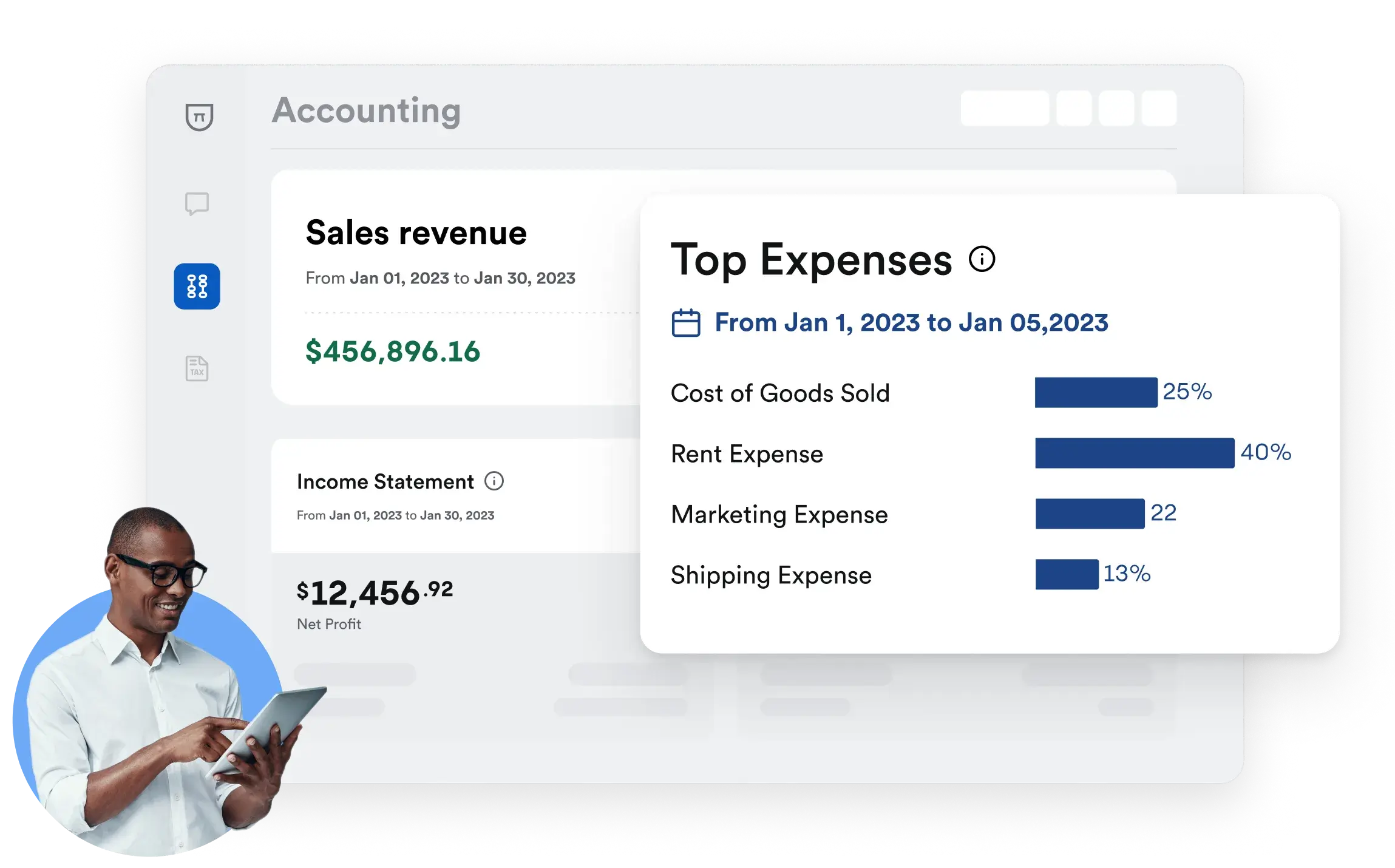 Small business owner reviews revenue and top expenses accounting reports inside their Bench account.