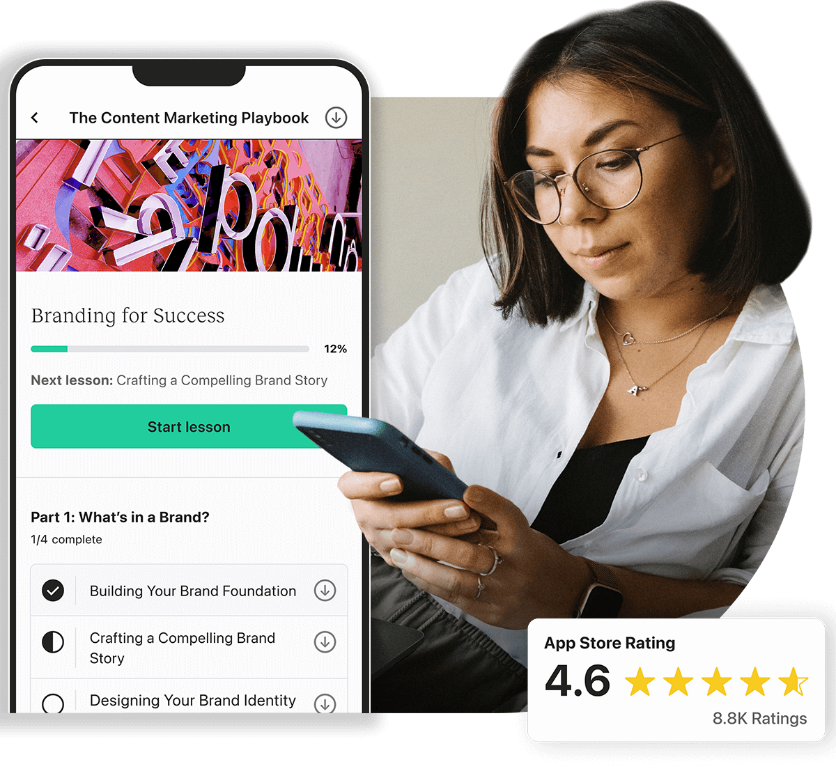 A photo of a female student engaging with the Teachable app on her mobile phone. To her left is an image of the Teachable mobile app interface showing a course called "Branding for Success." To her right is a badge showing the 4.6 star Teachable app store rating.