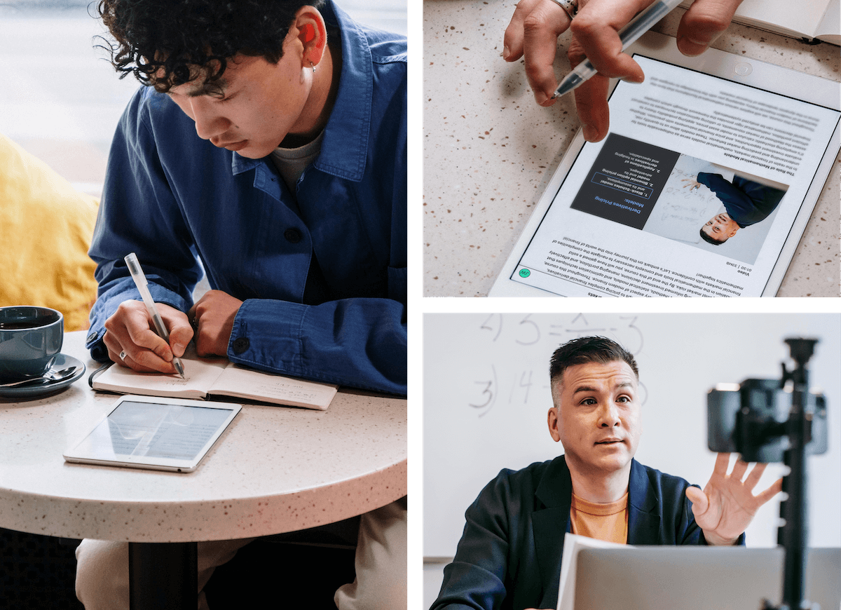 A collage of three photos showing a student engaging with a Teachable course on an iPad. To the left, a male student takes notes in a coffee shop with an iPad displaying the Teachable app in front of him. To the right (top) there is a close up of the Teachable app, showing a video of a male business instructor and several paragraphs of text. Below it there is a photo of the instructor recording lesson content with a camera on a tripod. 