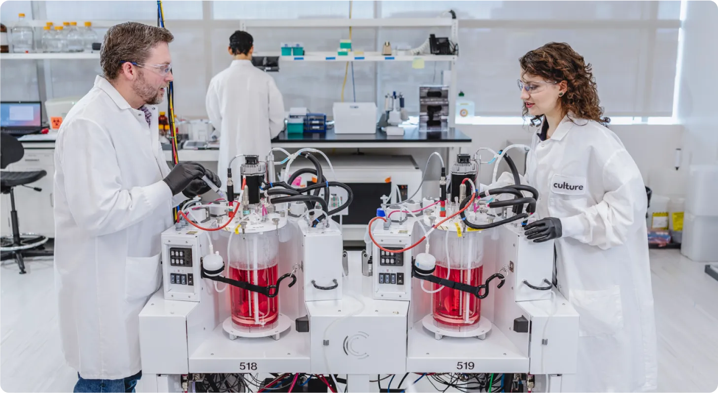 Two scientists, male and female, managing active bioreactors