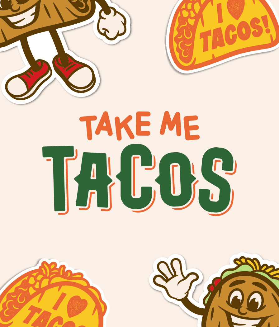 A photo of a logo and stickers designed by Brave Little Beast for the brand Take Me Tacos