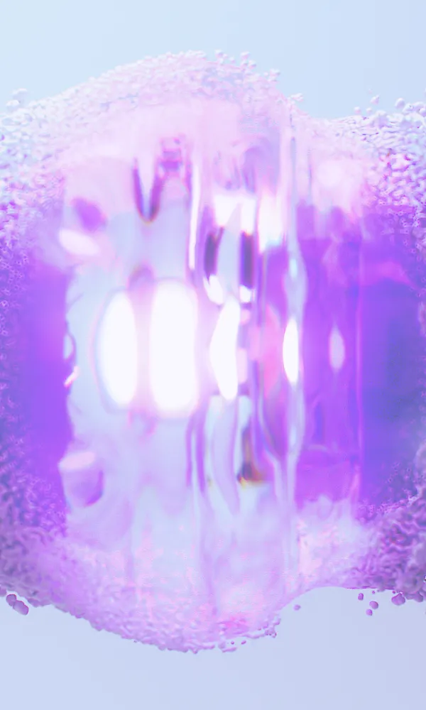 An animation of flowing matter and light reflections in purple