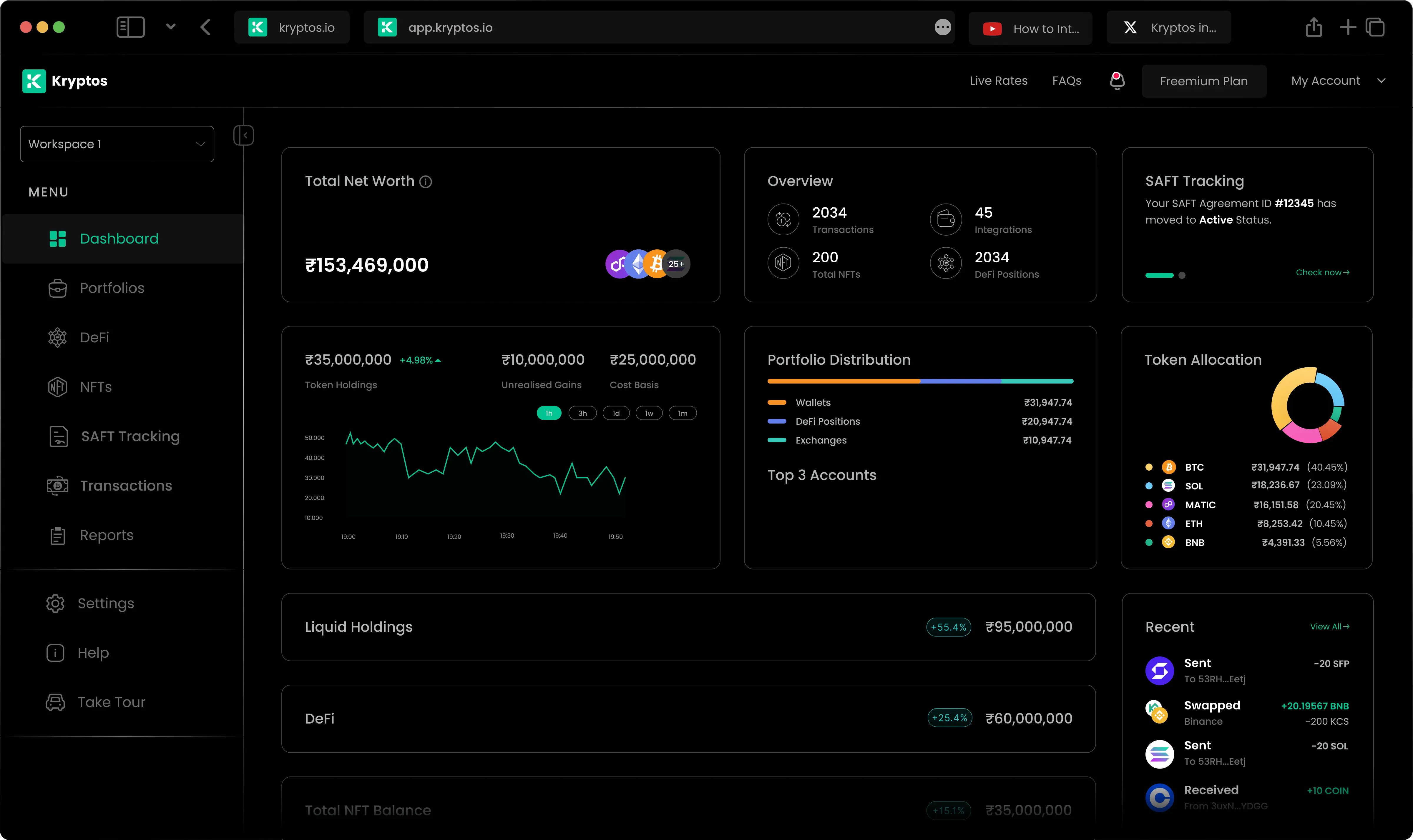 Cryptocurrency portfolio dashboard showing total net worth, token holdings graph, portfolio distribution, token allocation pie chart, recent transactions, and navigation menu on left.