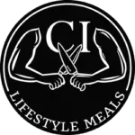 Logo with two muscular arms holding crossed forks and knife, with letters 'CI' above and 'LIFESTYLE MEALS' below in a circular design.