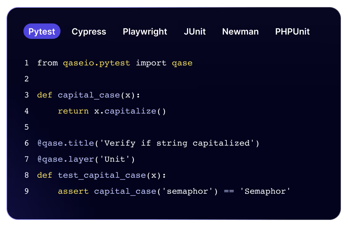 Qase Screenshot: Pytest code snippet