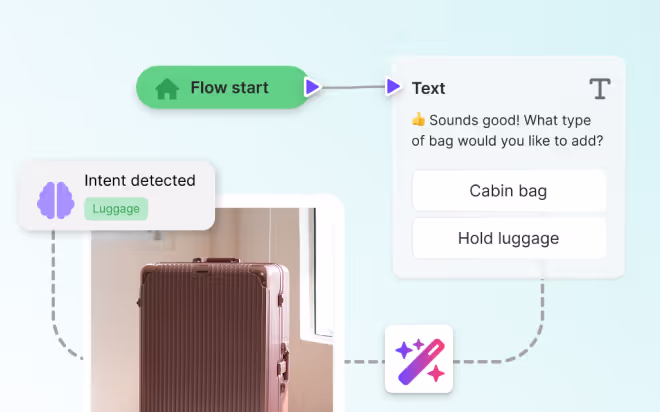 Hubtype chatbot platform UI: Initiates luggage selection flow with text prompts, detecting intent for cabin or hold bag.