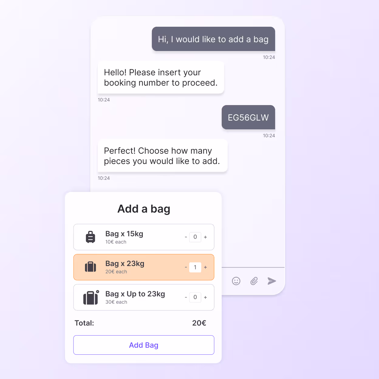 Hubtype chatbot adds 23kg bag via enterprise platform, showing booking number input and bag selection with total price update.