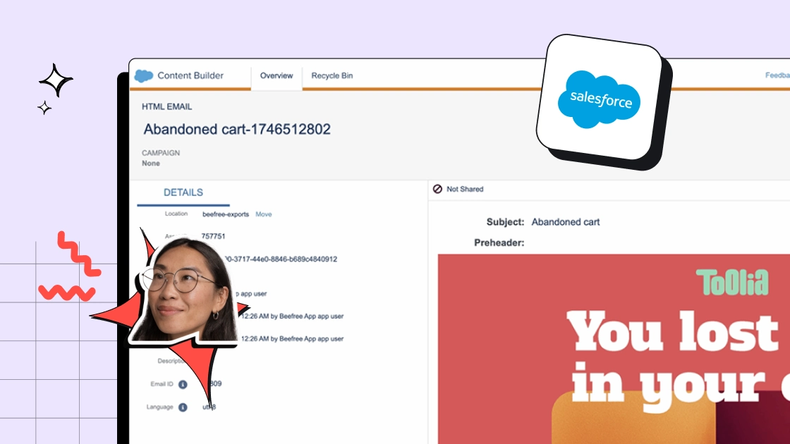 Screenshot of Salesforce Content Builder showing an abandoned cart email draft with a woman’s face graphic.