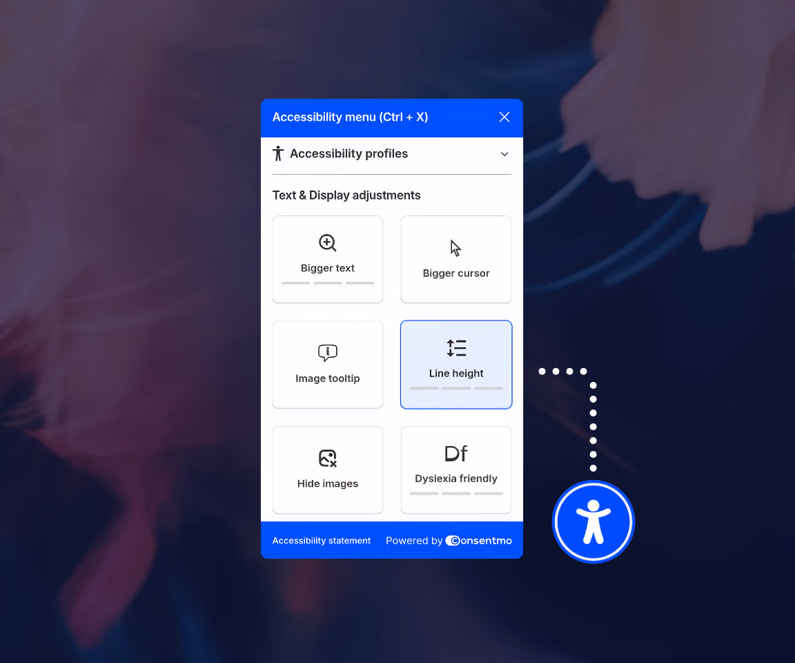 Accessibility menu interface with options to adjust bigger text, bigger cursor, image tooltip, line height, hide images, and dyslexia-friendly settings.
