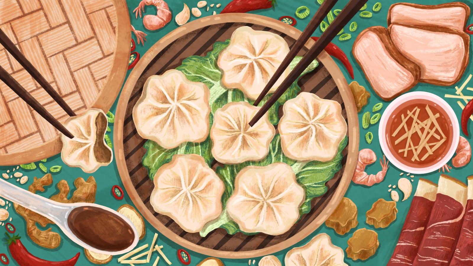 chopsticks reaching into a bowl of xiao long bao. illustration.