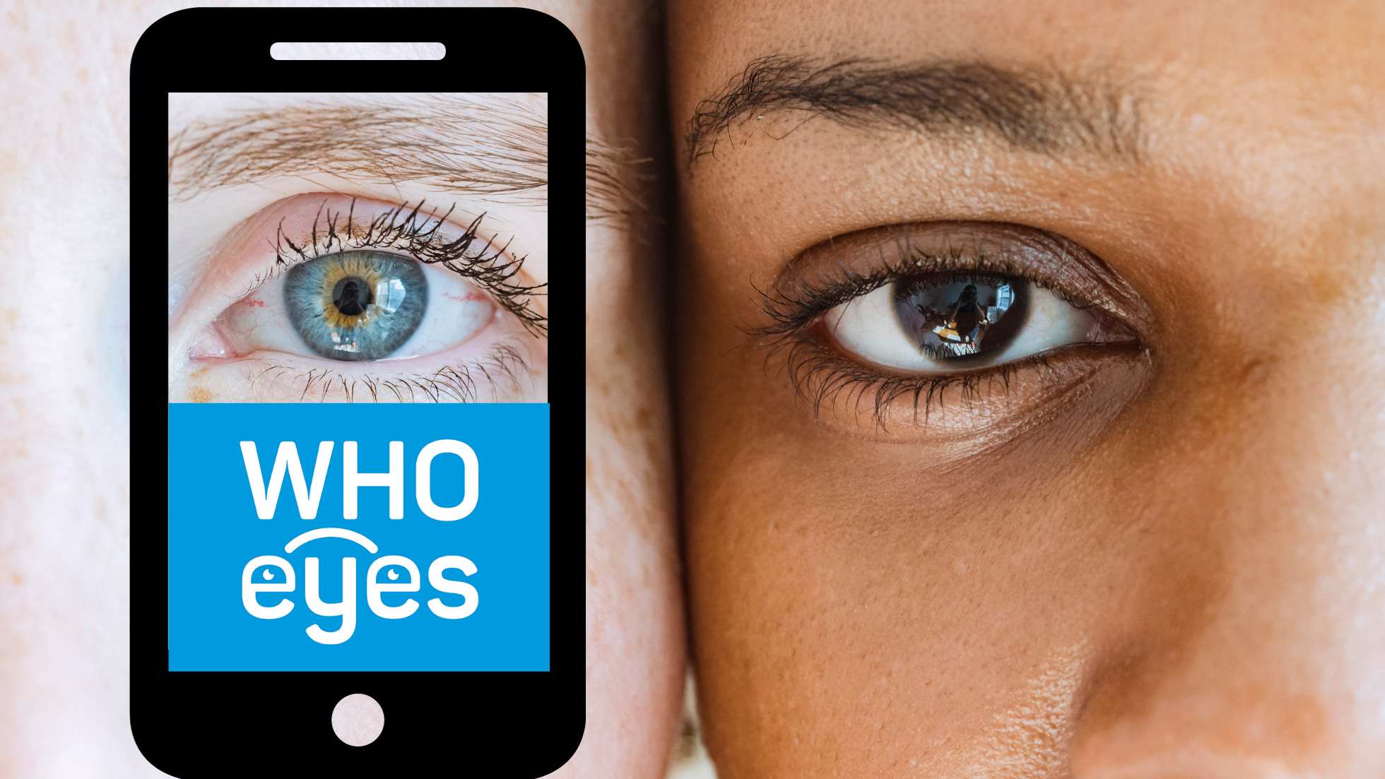 A close-up of a blue and a brown eye. The blue eye on the left side of the image is framed by a mobile phone with the WHOeyes logo displayed on the bottom part of the phone