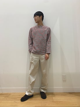 「FORK&SPOON(フォークアンドスプーン)のFORK&SPOON ボートネックボーダー(Tシャツ/カットソー、レッド系)」を使った、爽さん(メンズ・172cm)の夏コーディネート