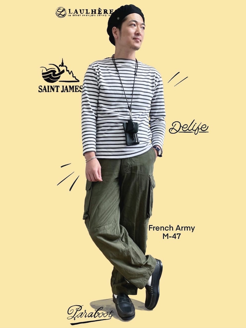 グレー系のTシャツ/カットソー、グリーン系のカーゴパンツ、ブラック系のローファーを着用したメンズの春コーディネートの1枚目の写真