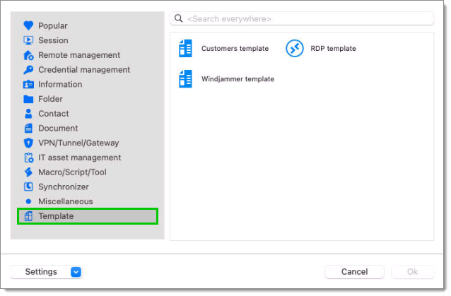 Template section of the Add new entry window.